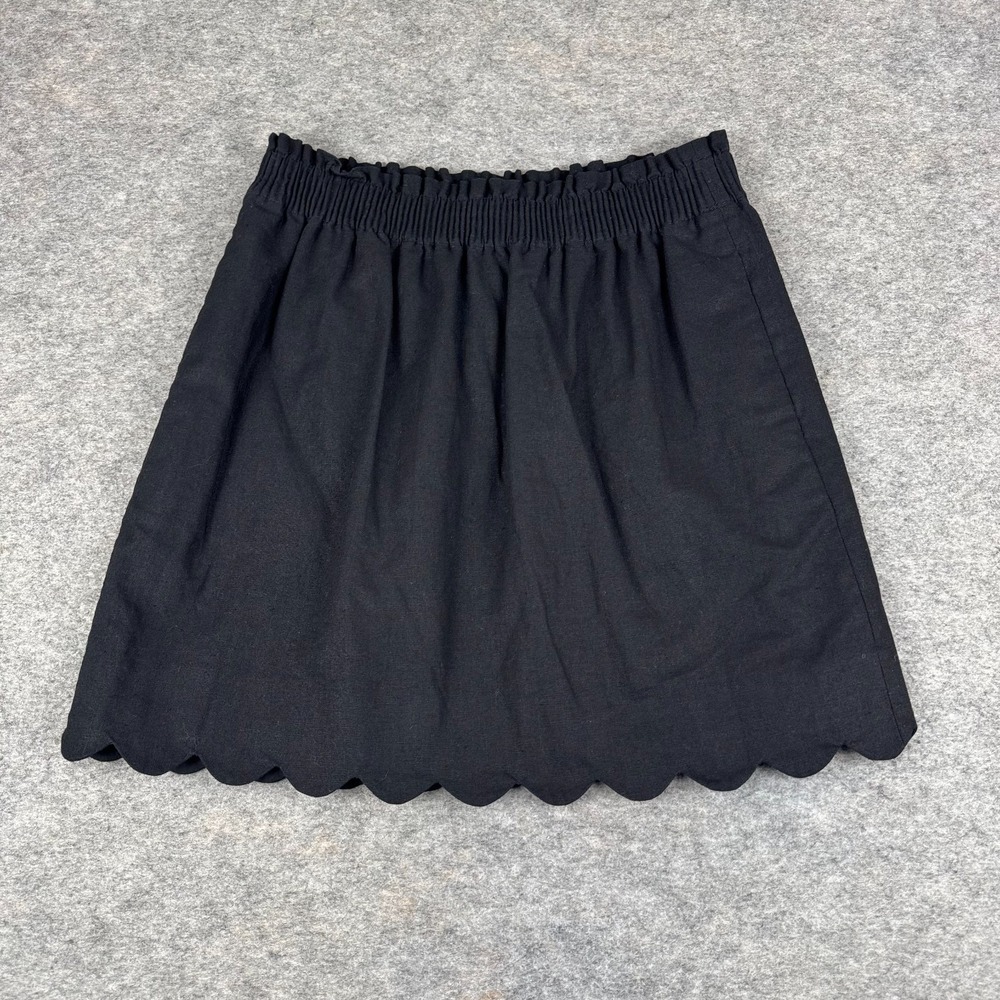 J Crew Scalloped Hem A-Line Skirt Lined Elastic Waist Linen Blend Black Womens 6